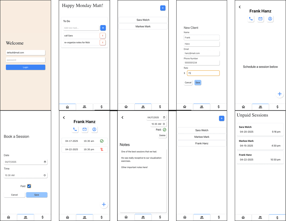 Multiple screenshots of the Clients & Contacts project in a grid